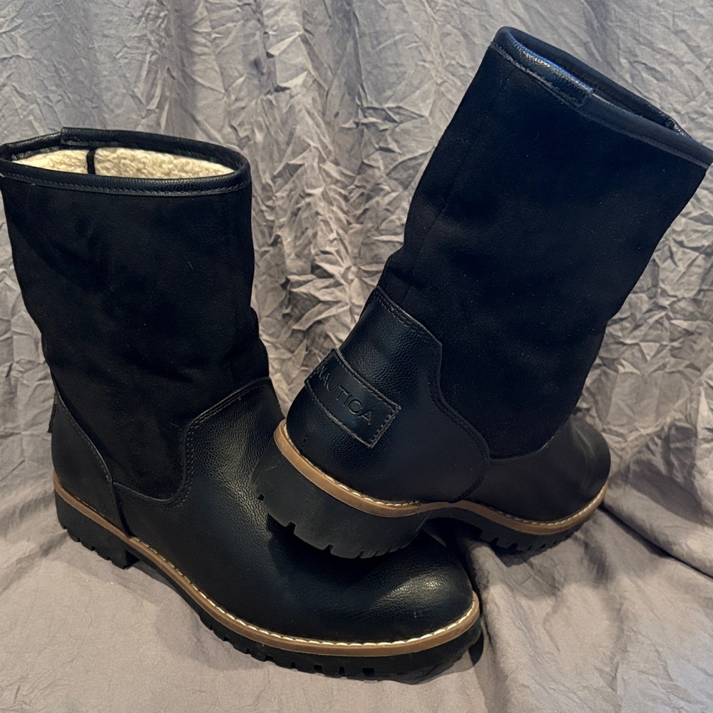 Nautica Black Faux-Leather and Suede-Look Mid-Calf Boots